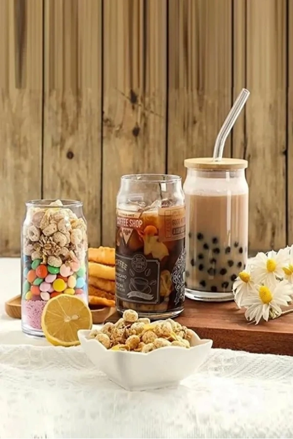 550 Ml Isıya Dayanıklı Cam Pipetli Bambu Kapaklı Bubble Tea Ve Borosilikat Bardak 2 Adet