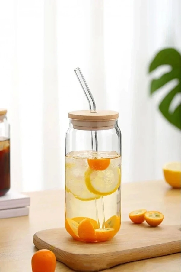 550 Ml Isıya Dayanıklı Cam Pipetli Bambu Kapaklı Bubble Tea Ve Borosilikat Bardak 2 Adet