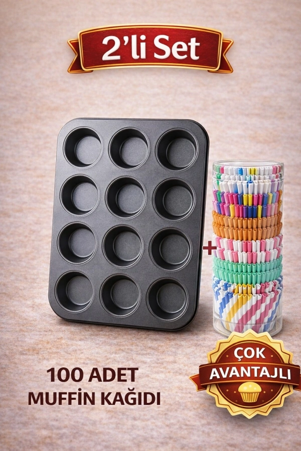 Çok Avantajlı Muffin Kalıbı 2’li Set | 12’li Muffin Kek Kalıbı + 100 Adet Renkli Muffin Kağıdı