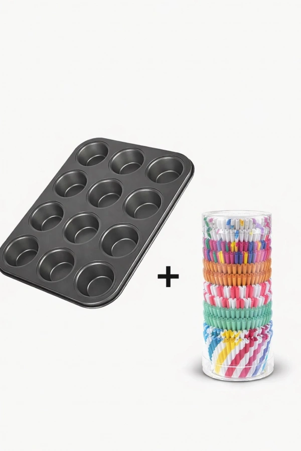 Çok Avantajlı Muffin Kalıbı 2’li Set | 12’li Muffin Kek Kalıbı + 100 Adet Renkli Muffin Kağıdı