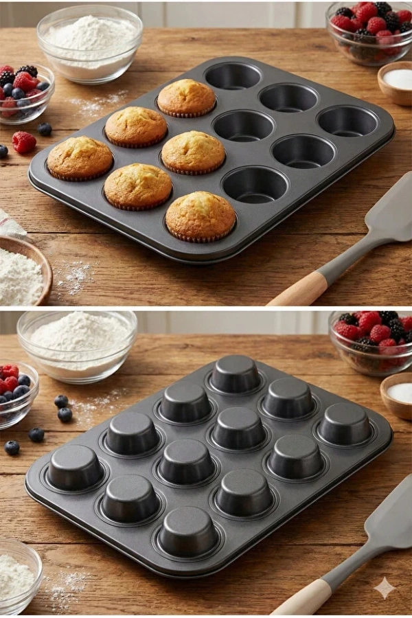Çok Avantajlı Muffin Kalıbı 2’li Set | 12’li Muffin Kek Kalıbı + 100 Adet Renkli Muffin Kağıdı