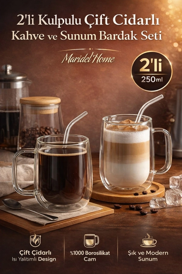 2 Adet Çift Cidarlı Cam Kupa 250 ml Ev Ofis Fincanı Çift Katlı Isı Yalıtımlı Kulplu Cam Bardak