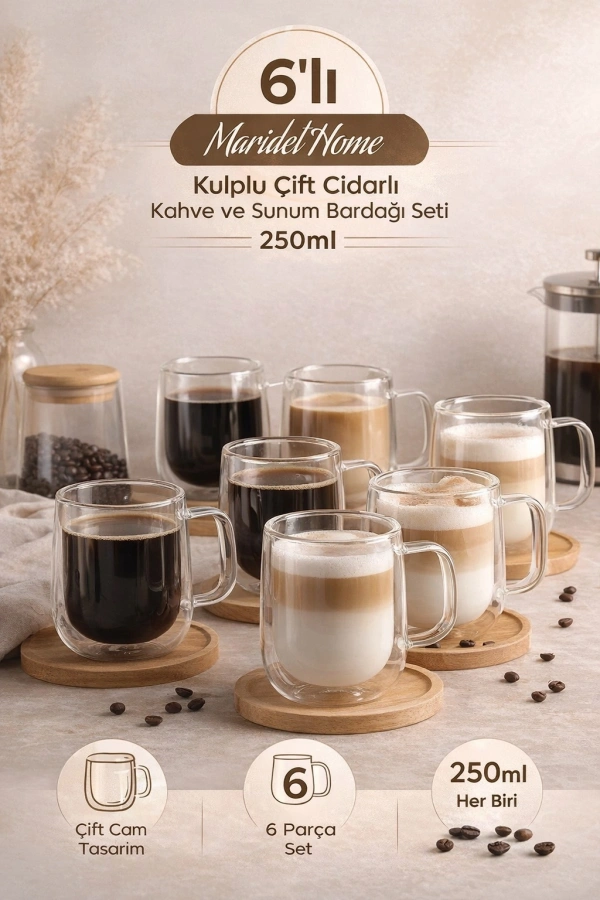 6lı Çift Cidarlı Bardak 250 ml Ev Ofis Çay Fincanı Kahve Sunum Bardağı