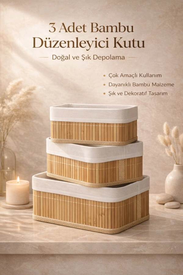 3’lü Bambu Düzenleyici Hasır Sepet |  Dekoratif Ev Banyo Saklama ve Organizer Kutusu