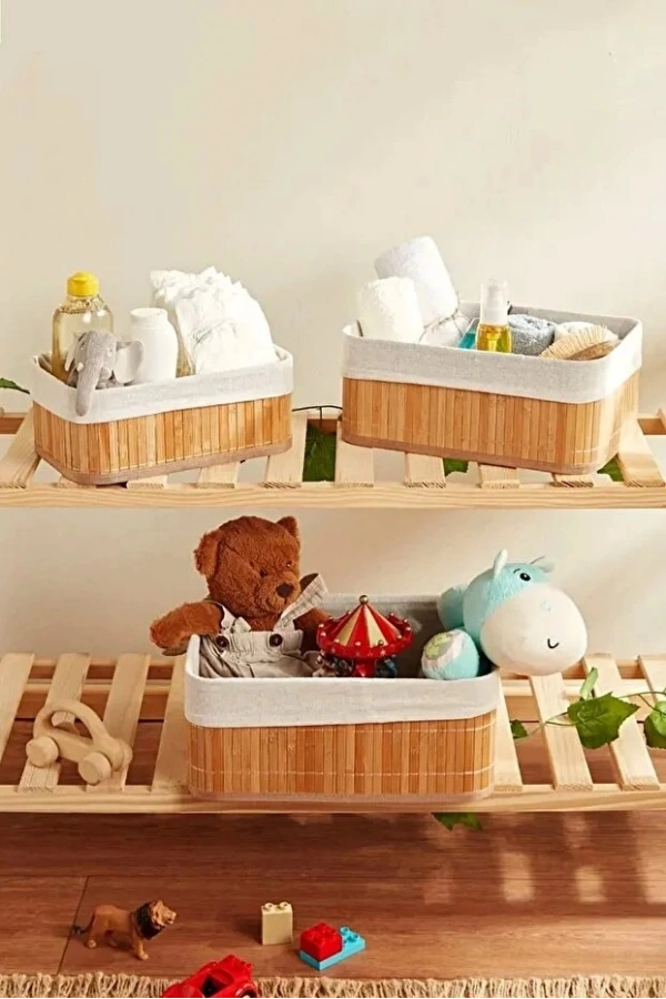 3’lü Bambu Düzenleyici Hasır Sepet |  Dekoratif Ev Banyo Saklama ve Organizer Kutusu