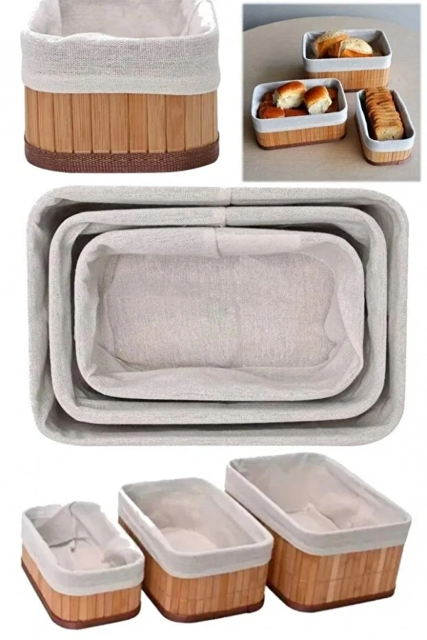 3’lü Bambu Düzenleyici Hasır Sepet |  Dekoratif Ev Banyo Saklama ve Organizer Kutusu