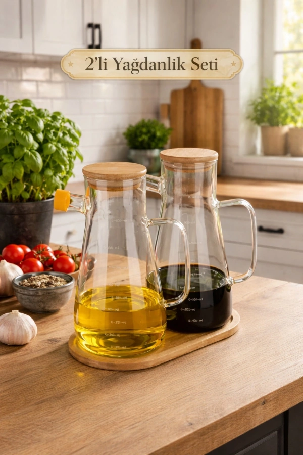 Ahşap Standlı 2’li Cam Yağdanlık Sirkelik Seti | Bambu Kapaklı Ölçekli Ahşap Standlı Set
