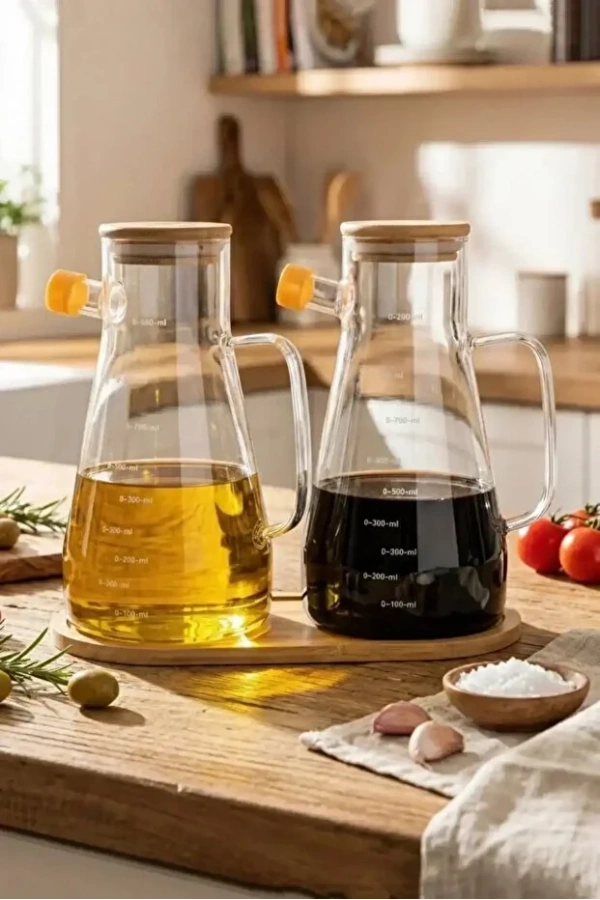 Ahşap Standlı 2’li Cam Yağdanlık Sirkelik Seti | Bambu Kapaklı Ölçekli Ahşap Standlı Set