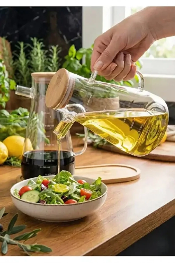 Ahşap Standlı 2’li Cam Yağdanlık Sirkelik Seti | Bambu Kapaklı Ölçekli Ahşap Standlı Set