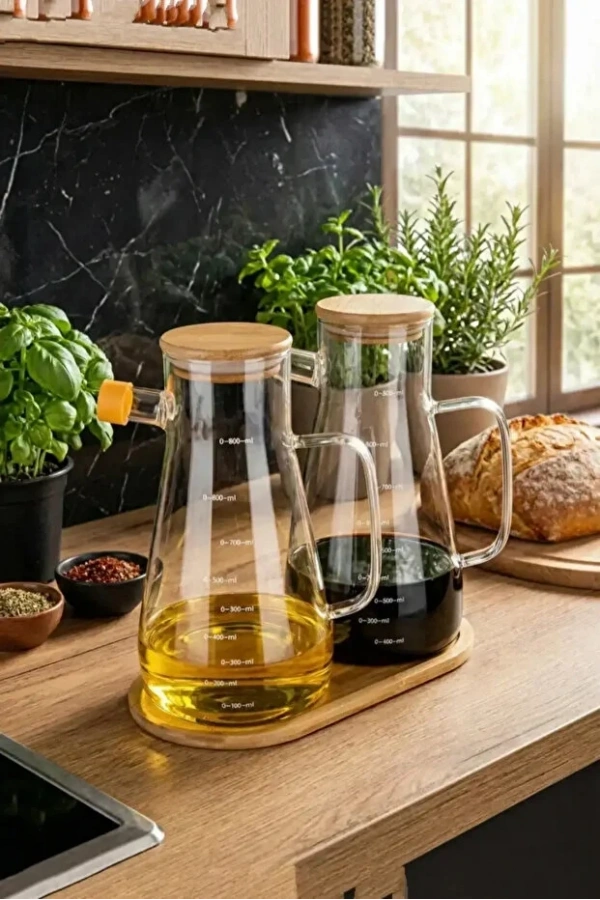 Ahşap Standlı 2’li Cam Yağdanlık Sirkelik Seti | Bambu Kapaklı Ölçekli Ahşap Standlı Set