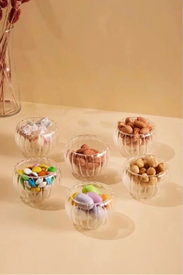 Çift Cidarlı Çizgili Cam Mini Kase Çerezlik Seti | Lokumluk Sosluk Reçellik Drajelik Mini Servis 12 Adet