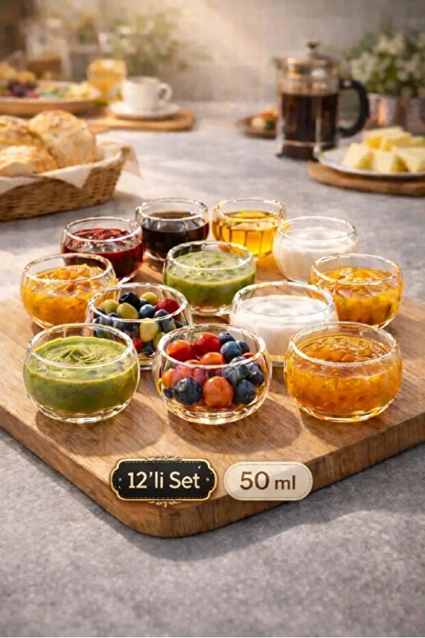 Çift Cidarlı Çizgili Cam Mini Kase Çerezlik Seti | Lokumluk Sosluk Reçellik Drajelik Mini Servis 12 Adet