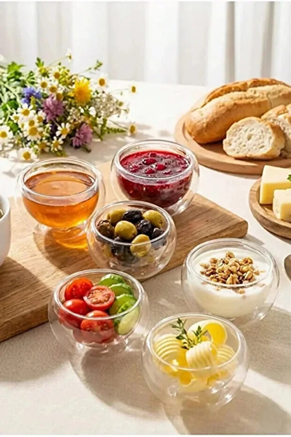 Çift Cidarlı Kase Mini Seti Lokumluk Sosluk Reçellik Drajelik Mini Servis Cam Kase Seti | 12 Adet