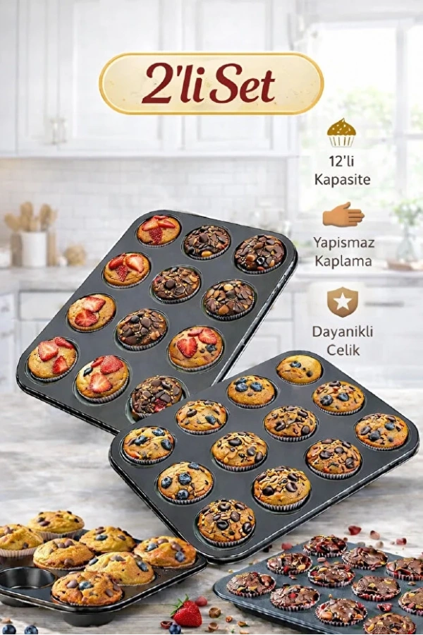 12 Bölmeli Muffin Kek Kalıbı 2 Li Set Yanmaz Yapışmaz Çörek Cupcake Fırın Kalıp Tepsisi