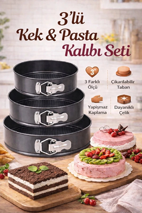 3lü Kelepçeli Yanmaz Yapışmaz Teflon Döküm Kek Kalıbı Çıkarılabilir Tabanlı Kek Kalıbı