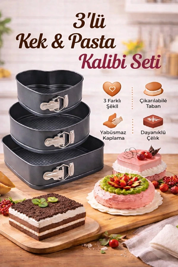 3lü Kelepçeli Kalp Yuvarlak Kare Yanmaz Yapışmaz Teflon Döküm Çıkarılabilir Tabanlı Kek Kalıbı