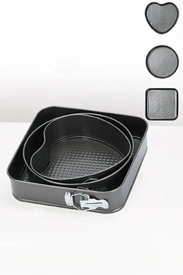 3lü Kelepçeli Kalp Yuvarlak Kare Yanmaz Yapışmaz Teflon Döküm Çıkarılabilir Tabanlı Kek Kalıbı