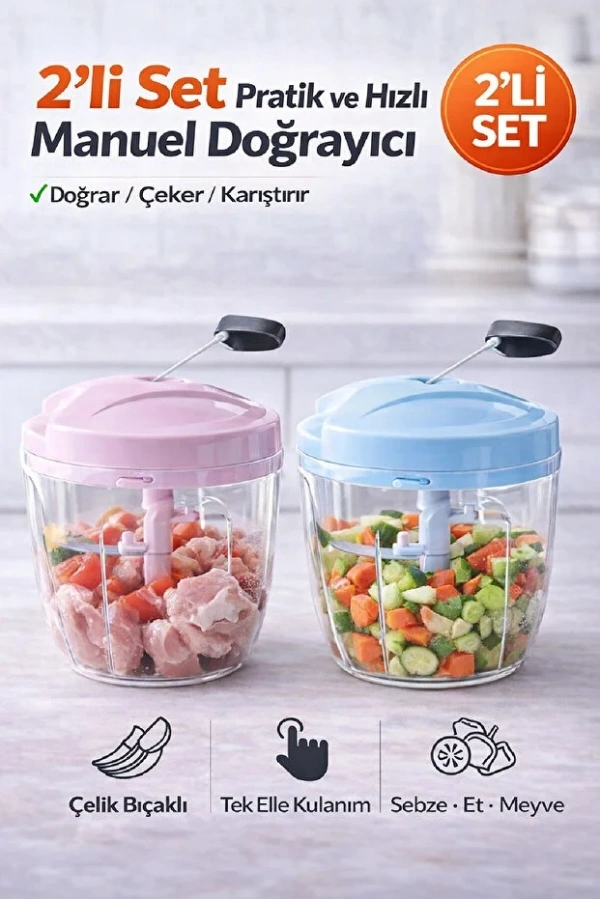 2li İpli El Rondosu 5 Bıçaklı Büyük Boy Sebze Meyve Et Soğan Keskin Çelik Bıçaklı Extra Dayanıklı