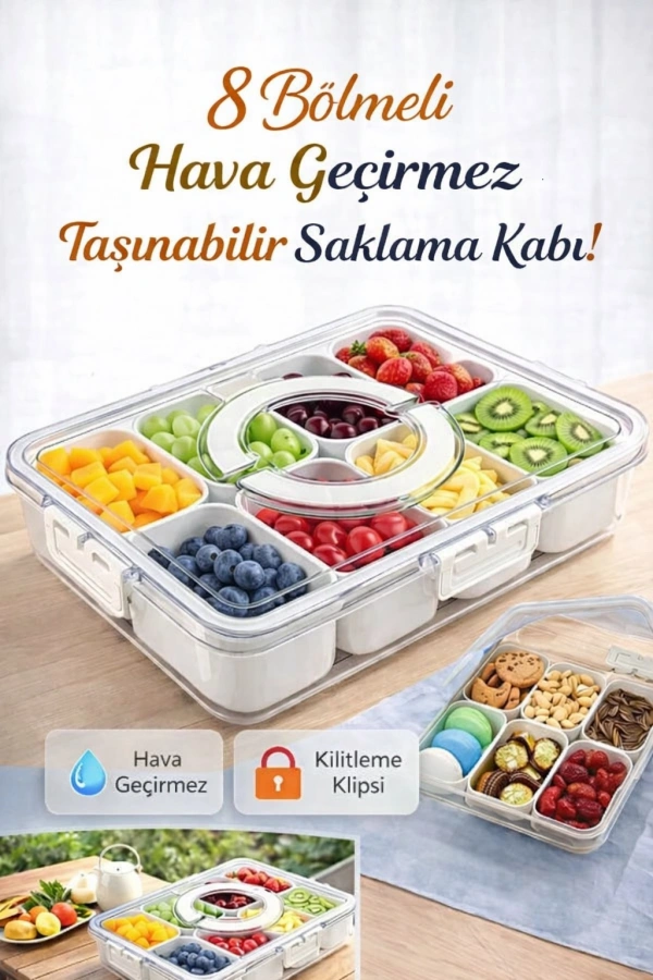 8 Bölmeli Hava Geçirmez Kilitli Taşınabilir Saklama Kabı | Kahvaltılık Meyve Gıda Kutusu Piknik Seti