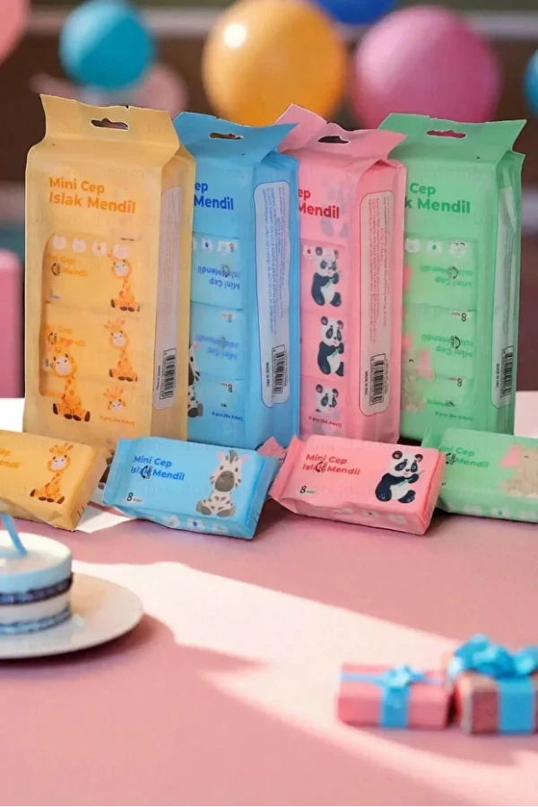 Sevimli Figürlü Mini Islak Cep Mendili Panda Zebra Fil Zürafa Renkli Tasarım Cep Mendili 24 Adet