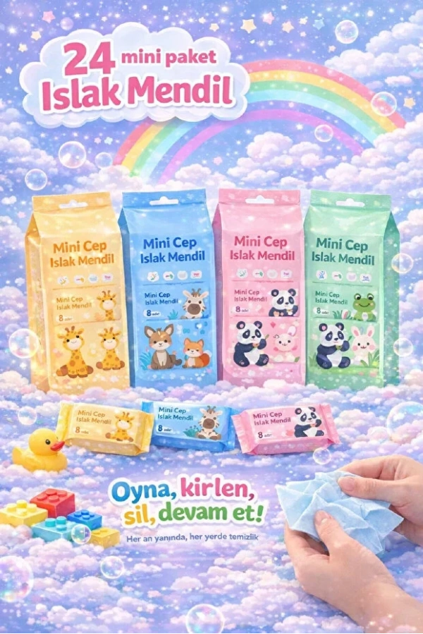 Sevimli Figürlü Mini Islak Cep Mendili Panda Zebra Fil Zürafa Renkli Tasarım Cep Mendili 24 Adet