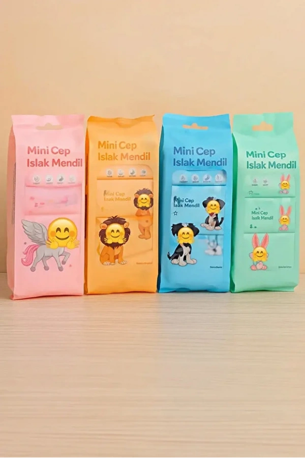 Sevimli Figürlü Mini Islak Cep Mendili Panda Zebra Fil Zürafa Renkli Tasarım Cep Mendili 32 Adet