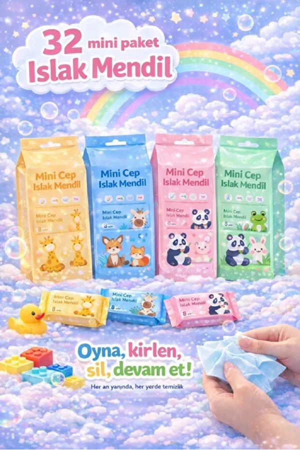 Sevimli Figürlü Mini Islak Cep Mendili Panda Zebra Fil Zürafa Renkli Tasarım Cep Mendili 32 Adet