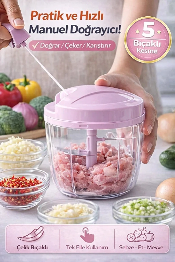 Pratik İpli El Rondosu 5 Çelik Bıçaklı Büyük Boy Et Soğan Sebze Meyve Doğrayıcı Blender Rende Pembe