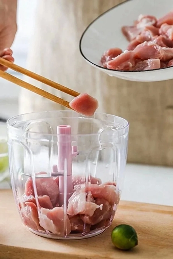 Pratik İpli El Rondosu 5 Çelik Bıçaklı Büyük Boy Et Soğan Sebze Meyve Doğrayıcı Blender Rende Mavi