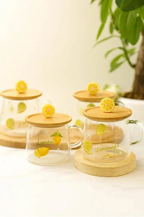 Kavun Figürlü Baskılı Sıcak Soğuk Borosilikat Cam Meşrubat Kupası Su Çay Bardağı Bambu | 4 Adet