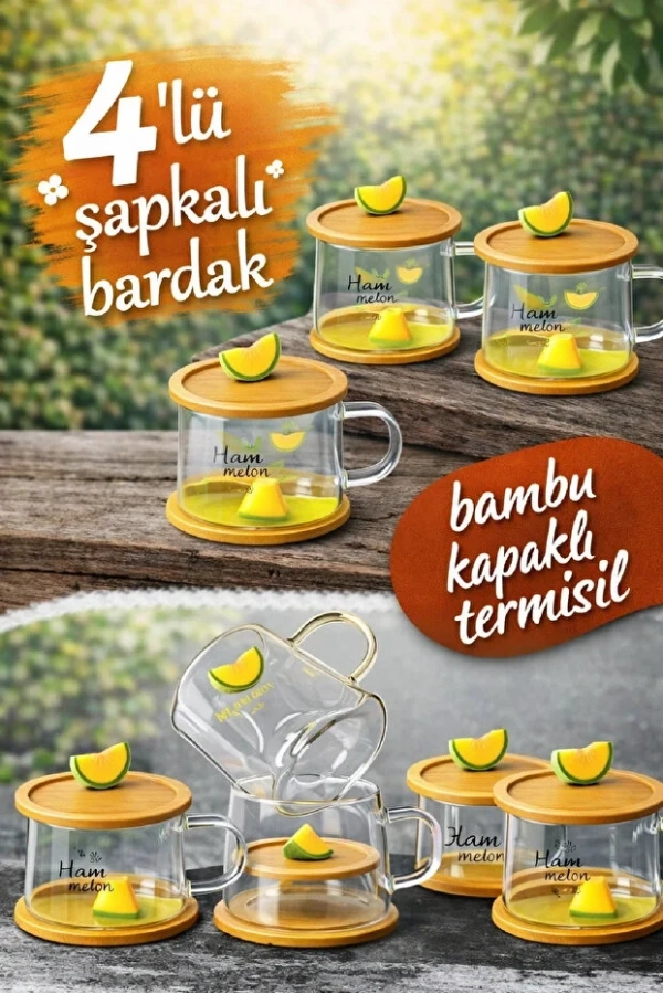 Kavun Figürlü Baskılı Sıcak Soğuk Borosilikat Cam Meşrubat Kupası Su Çay Bardağı Bambu | 4 Adet