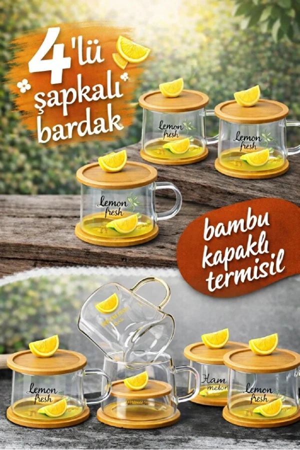 Limon Figürlü Baskılı Sıcak Soğuk Borosilikat Cam Meşrubat Kupası Su Çay Bardağı Bambu | 4 Adet