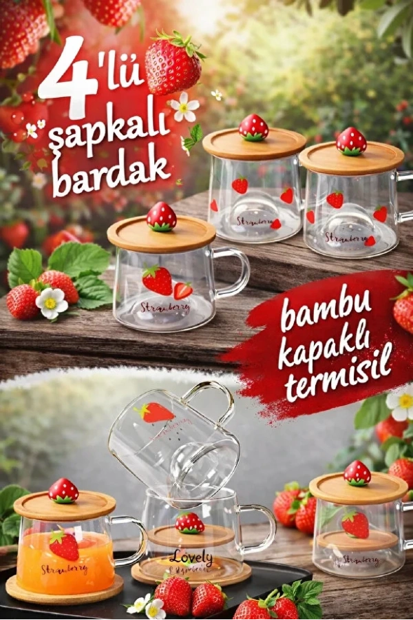 Çilek Figürlü Baskılı Sıcak Soğuk Borosilikat Cam Meşrubat Kupası Su Çay Bardağı Bambu | 4 Adet