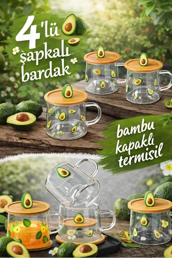 Avakado Figürlü Baskılı Sıcak Soğuk Borosilikat Cam Meşrubat Kupası Su Çay Bardağı Bambu | 4 Adet