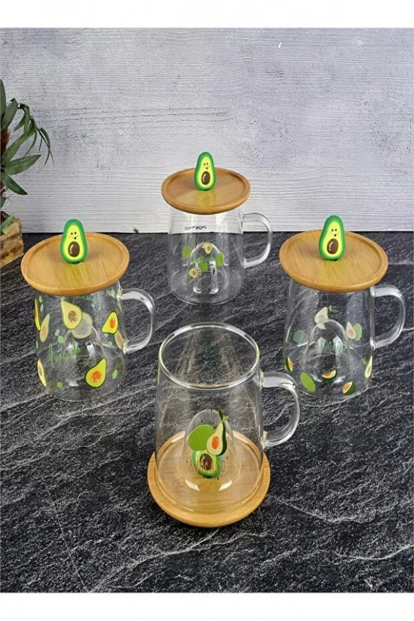 Avakado Figürlü Baskılı Sıcak Soğuk Borosilikat Cam Meşrubat Kupası Su Çay Bardağı Bambu | 4 Adet