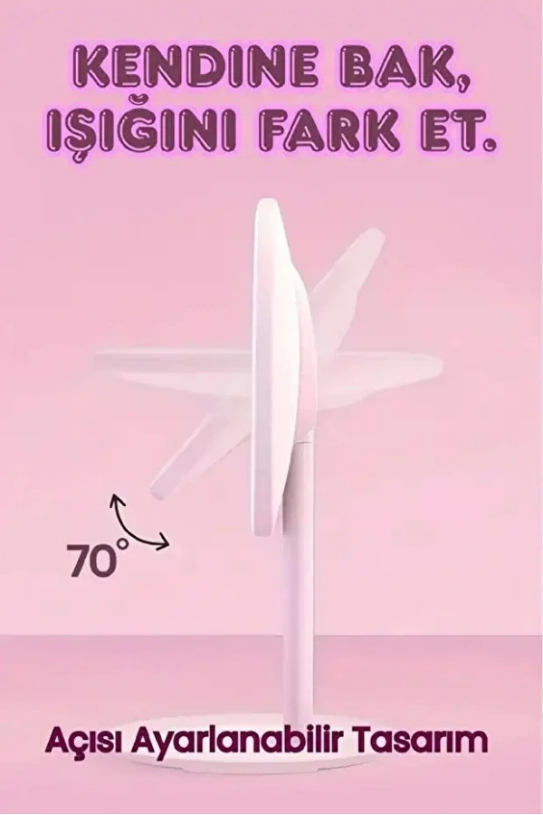 Oval Makyaj Aynası LED Işıklı Dokunmatik Şarjlı 3 Renkli Işıklı Still 90° Ayarlanabilir Ayna | Pembe