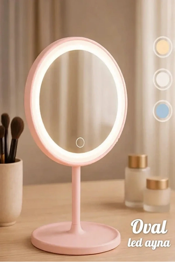 Oval Makyaj Aynası LED Işıklı Dokunmatik Şarjlı 3 Renkli Işıklı Still 90° Ayarlanabilir Ayna | Pembe