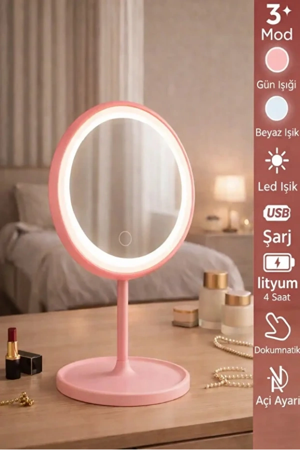 Oval Makyaj Aynası LED Işıklı Dokunmatik Şarjlı 3 Renkli Işıklı Still 90° Ayarlanabilir Ayna | Pembe