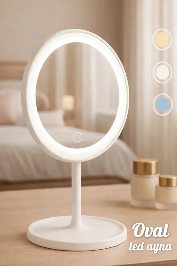 Oval Makyaj Aynası LED Işıklı Dokunmatik Şarjlı 3 Renkli Işıklı Still 90° Ayarlanabilir Ayna | Beyaz