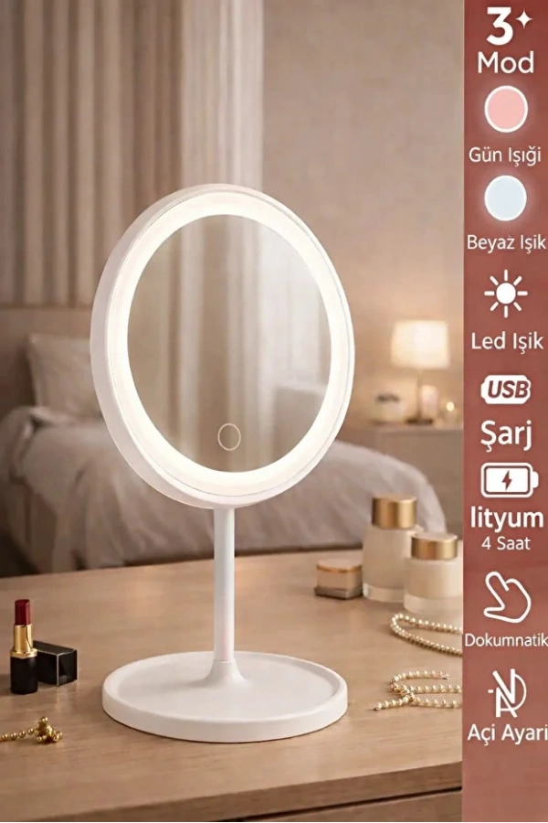 Oval Makyaj Aynası LED Işıklı Dokunmatik Şarjlı 3 Renkli Işıklı Still 90° Ayarlanabilir Ayna | Beyaz