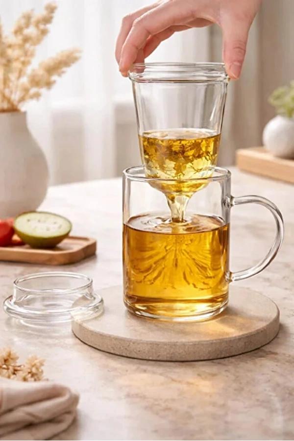 Süzgeçli Cam Kupa Bardak Çift Cidarlı Isı Yalıtımlı Bambu Kapaklı Bitki Çayı Fincanı Seti - 1 Adet