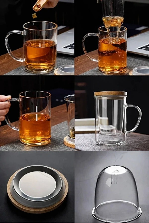 Süzgeçli Cam Kupa Bardak Çift Cidarlı Isı Yalıtımlı Bambu Kapaklı Bitki Çayı Fincanı Seti - 1 Adet