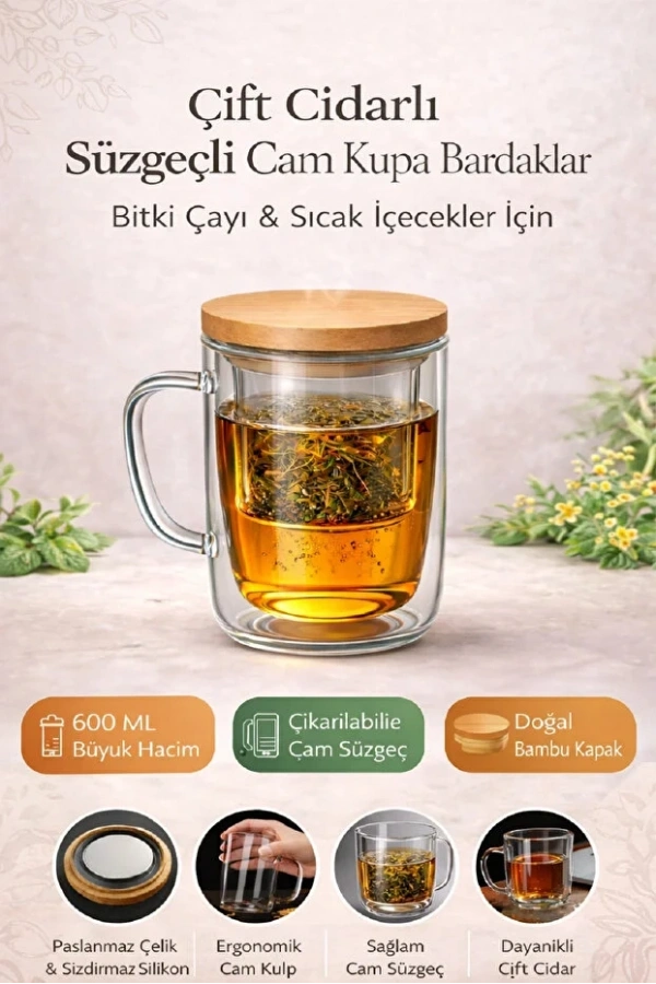 Süzgeçli Cam Kupa Bardak Çift Cidarlı Isı Yalıtımlı Bambu Kapaklı Bitki Çayı Fincanı Seti - 1 Adet