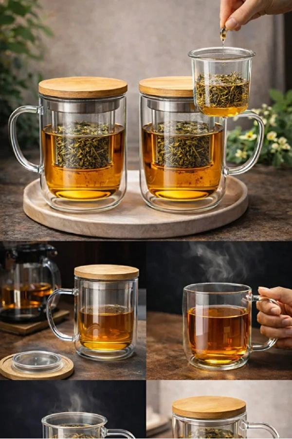 Süzgeçli Cam Kupa Bardak Çift Cidarlı Isı Yalıtımlı Bambu Kapaklı Bitki Çayı Fincanı Seti - 1 Adet