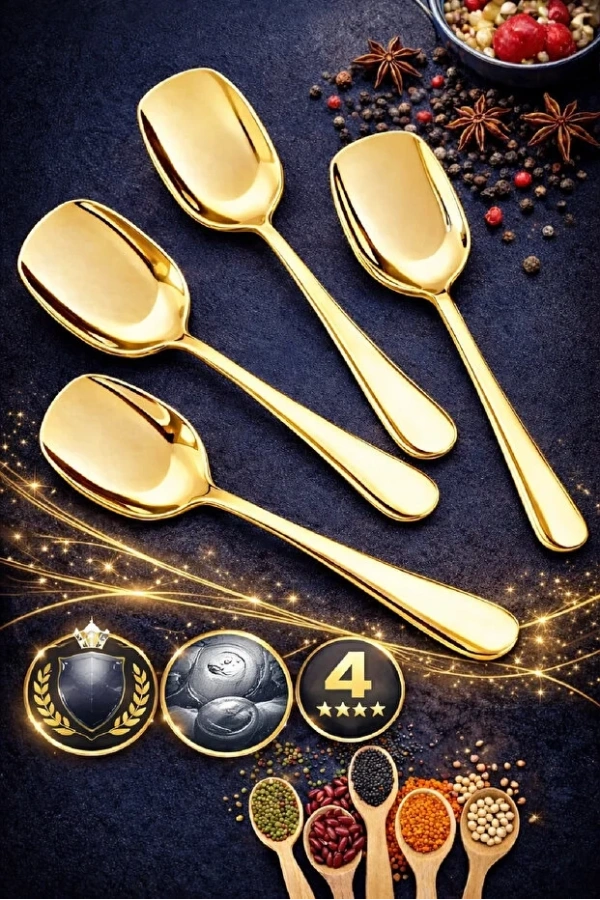 Gold Servis Kaşığı Seti Küçük Boy Paslanmaz Çelik Kaşık Salata Yemek Mutfak Kaşığı | 4 Adet