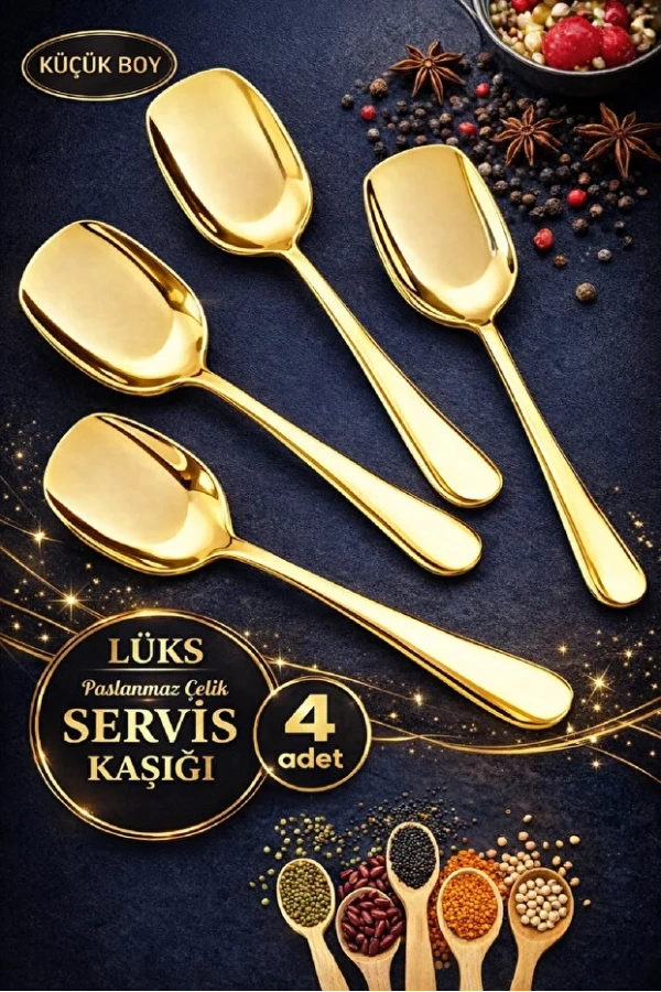 Gold Servis Kaşığı Seti Küçük Boy Paslanmaz Çelik Kaşık Salata Yemek Mutfak Kaşığı | 4 Adet