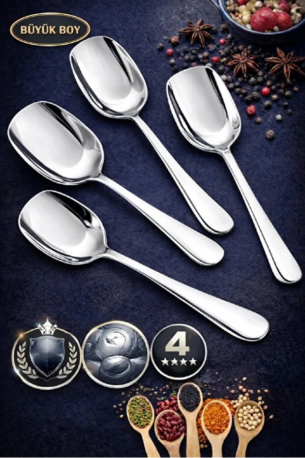 Gümüş Servis Kaşığı Seti Büyük Boy Paslanmaz Çelik Kaşık Salata Yemek Mutfak Kaşığı | 4 Adet