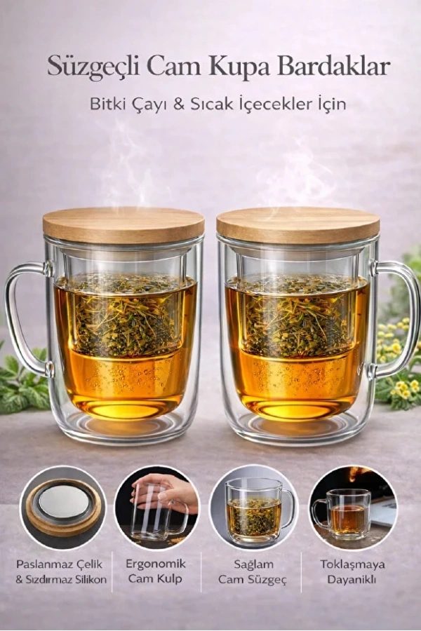 Süzgeçli Cam Kupa Bardak Çift Cidarlı Isı Yalıtımlı Bambu Kapaklı Bitki Çayı Fincanı Seti | 2 Adet
