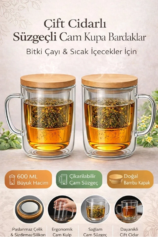 Süzgeçli Cam Kupa Bardak Çift Cidarlı Isı Yalıtımlı Bambu Kapaklı Bitki Çayı Fincanı Seti | 2 Adet