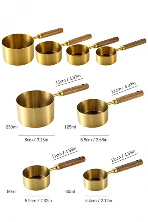 4lü Ahşap Saplı Metal Ölçü Kaşığı Seti Paslanmaz Gold Kaşığı Seti Ölçü Kabı